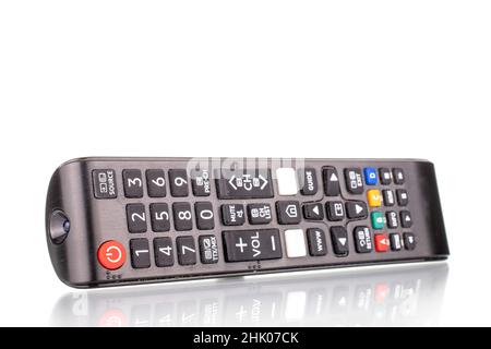 Eine Fernbedienung für TV , Makro, isoliert auf weißem Hintergrund. Stockfoto