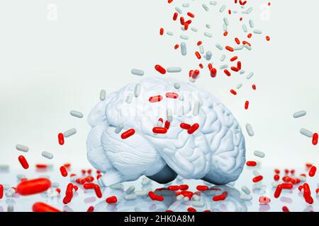 Gehirnerkrankungen und Medikamentenkonzept mit Pillen Stockfoto