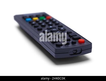 Nahaufnahme der schwarzen TV-Fernbedienung auf Weiß. Stockfoto