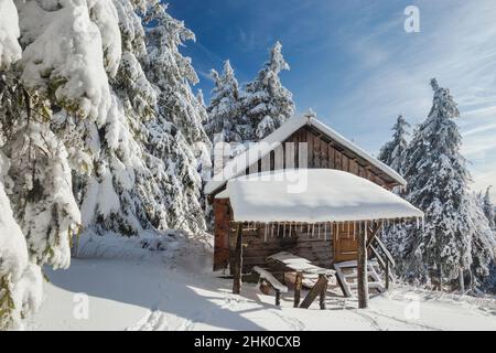 Wunderschöne Winterwaldlandschaft mit Schnee und Holzhütte Chalet in den karpaten, Rumänien Stockfoto