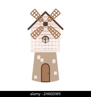 Niedliche Cartoon Mühle. Einfache flache Ikone im skandinavischen Stil. Traditionelles Gebäude auf einem Bauernhof oder einer Ranch. Gegenstand des ländlichen Lebens und der Landwirtschaft. Traditiona Stock Vektor