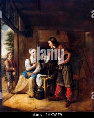 Pieter de Hooch. Gemälde mit dem Titel „Soldat, der einer Frau ein Glas Wein anbietet“ des niederländischen Malers des Goldenen Zeitalters, Pieter de Hooch (1629-1684), Öl auf Tafel, c. 1653 Stockfoto