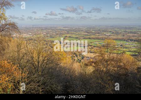 Blick nach Osten über das severn-Tal von den Malvern Hills. Stockfoto
