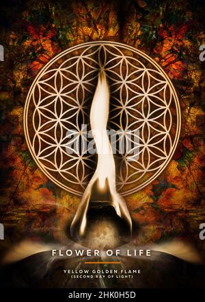 Poster, Tapete mit Blume des Lebens und gelber goldener Flamme des Erzengels Jophiel (zweiter Lichtstrahl) Stockfoto