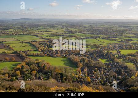 Blick nach Osten über das severn-Tal von den Malvern Hills. Stockfoto