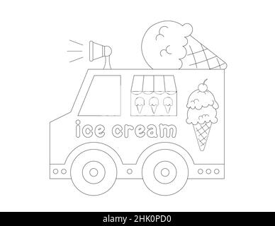 Design eines schwarz-weißen Eis-LKW, könnten Sie es als Malseite für Kinder und Erwachsene verwenden Stockfoto