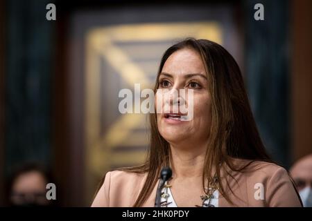 Washington, Vereinigte Staaten. 01st. Februar 2022. Sunshine Suzanne Sykes erscheint am Dienstag, den 1. Februar 2022, vor einem Senatsausschuss für die Gerichtsverhandlung wegen ihrer Ernennung zur Bezirksrichterin der Vereinigten Staaten für den Zentralbezirk von Kalifornien im Dirksen Senatsbüro in Washington, DC. Kredit: Rod Lampey/CNP/dpa/Alamy Live Nachrichten Stockfoto
