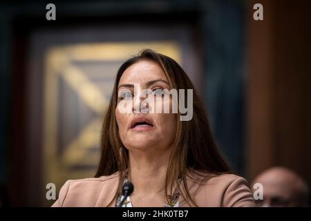 Washington, Vereinigte Staaten. 01st. Februar 2022. Sunshine Suzanne Sykes erscheint am Dienstag, den 1. Februar 2022, vor einem Senatsausschuss für die Gerichtsverhandlung wegen ihrer Ernennung zur Bezirksrichterin der Vereinigten Staaten für den Zentralbezirk von Kalifornien im Dirksen Senatsbüro in Washington, DC. Kredit: Rod Lampey/CNP/dpa/Alamy Live Nachrichten Stockfoto