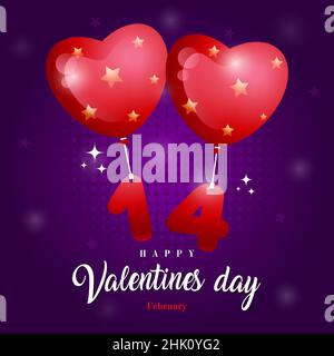 Herzförmige Ballons und die Zahl 14 auf violettem Hintergrund. Konzept für ein quadratisches Banner oder eine Einladungskarte für den Feiertag des Happy Valentines Day Stock Vektor