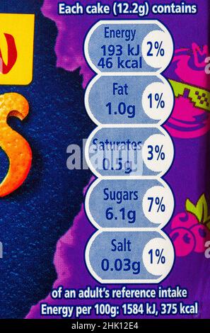 nutritional information reference intake labelling information on box of McVities Jaffa Cakes blackcurrant flavour Stockfoto