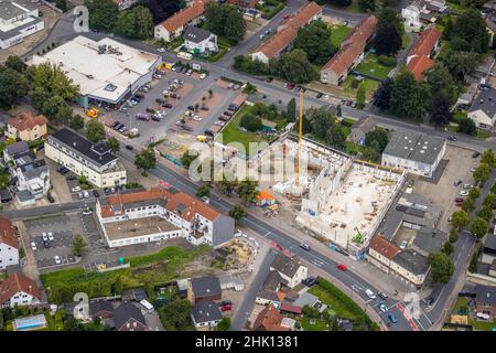 Luftaufnahme, Baustelle und Neubau Aldi Supermarkt Kamener Straße, Rewe Supermarkt, Königsborn, Unna, Ruhrgebiet, Nordrhein-Westfalen Stockfoto