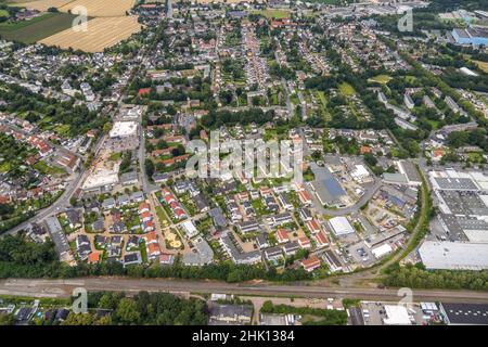 Luftaufnahme, Baustelle und Neubau Aldi-Supermarkt Kamener Straße, Rewe-Supermarkt, Reihenhäuser in der Friedrichstraße, Königsbor Stockfoto