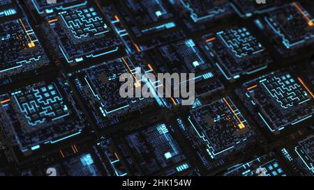 Neonboards im Computer. Animation. Schöne 3D Neon-Boards im Computer-Cyber-Raum. Beleuchtete Speicherkarten im Computer. Stockfoto