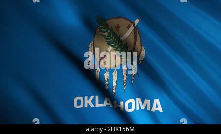 Nahaufnahme der wehenden Oklahoma-Flagge. Animation. Patriotische Hintergrundflagge ist rechteckig blau mit Bild in der Mitte der indischen Geräte. Flags von S Stockfoto