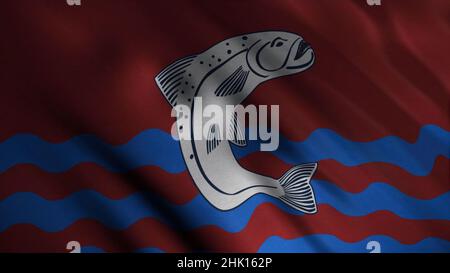 Abstraktes Entwicklungsgewebe der Flagge. Animation. Bild eines großen grauen Fisches über blauen Wellen auf dem Hintergrund einer sich entwickelnden roten Flagge. Emblem des Hauses Tully. C Stockfoto