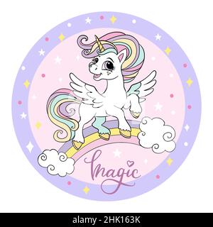 Niedliche Cartoon weißes Einhorn auf einem Regenbogen. Vektordarstellung Kreisform auf einem sternenklaren rosa Hintergrund. Für Party, Druck, Babydusche, Design, Dekor, d Stock Vektor