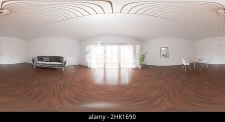 360 Grad volle Panorama-Umgebung Karte des Wohnzimmerstudios mit Pflanze und Aussicht mit großen Fenstern und heller Beleuchtung 3D render Illustration hdri Stockfoto