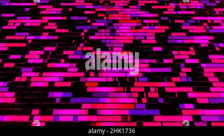 Abstrakte Rechtecke unterschiedlicher Größe, die auf schwarzem Hintergrund in die unterschiedliche Größe verschoben werden. Animation. Bunte Reihen von Segmenten, die dem Datenfluss ähneln Stockfoto