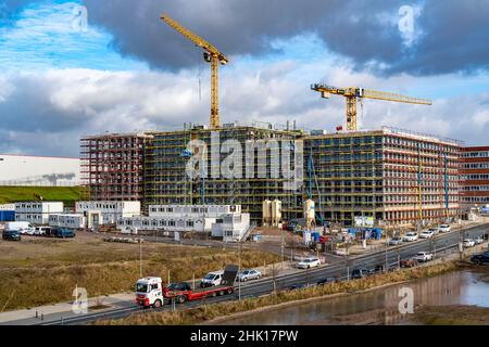 Große Baustelle, Gerüstschale eines Bürogebäudekomplexes, O-Werk Campus in Bochum, NRW, Deutschland Stockfoto