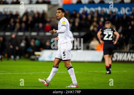 Swansea, Großbritannien. 01st. Februar 2022. Ben Cabango von Swansea City reagiert. EFL Skybet Championship match, Swansea City gegen Luton Town im Swansea.com Stadium in Swansea am Dienstag, den 1st. Februar 2022. Dieses Bild darf nur für redaktionelle Zwecke verwendet werden. Nur zur redaktionellen Verwendung, Lizenz für kommerzielle Nutzung erforderlich. Keine Verwendung bei Wetten, Spielen oder Veröffentlichungen in einem Club/einer Liga/einem Spieler. PIC von Lewis Mitchell/Andrew Orchard Sports Photography/Alamy Live News Credit: Andrew Orchard Sports Photography/Alamy Live News Stockfoto