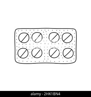 Handgezeichnete Vektordarstellung von Medikamenten-Pillen im Doodle-Stil. Niedliche Illustration einer Arznei auf weißem Hintergrund Stock Vektor