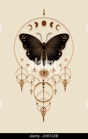 Mondphasen und schwarze Schmetterling Logo Vorlage, Heilige Geometrie, Boho-Stil, Gold magische Ikone, Traumfänger Symbol, goldener Hipster-Talisman, Mystic Stock Vektor