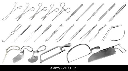 Set mit chirurgischen Instrumenten. Pinzetten, Skalpelle, Gips- und Knochensägen, Gehirn-, Amputations- und Putzmesser, Pinzetten und Klemmen, Haken, Nadel. Große Spalte Stock Vektor