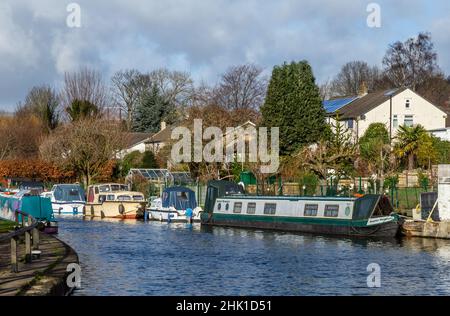 Cabin Cruisers und Narrowboats vertäuten auf dem Leeds Liverpool Canal in Bingley, West Yorkshire. Stockfoto