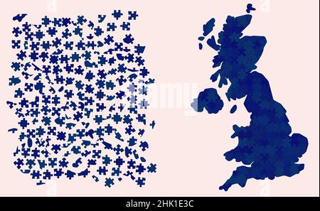 Vereinigtes Königreich Karte aus verschiedenen Schattierungen blau - nationale Farbe - Puzzle-Stücke, 190 verstreute Blöcke und fertige Version Stock Vektor