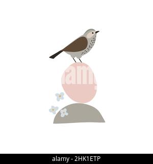 Frühling künstlerische Grußkarte, Einladung. Vogel sitzt auf abstrakten organischen geometrischen Formen. Blaue Blüten, Blüten isoliert auf weißem Hintergrund Stock Vektor
