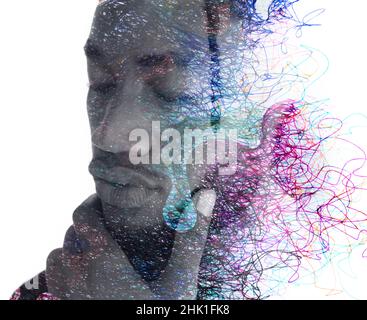 Ein Porträt eines Mannes kombiniert mit digitaler Kunst. Abstrakte Linien. Paintographie. Stockfoto