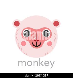Niedlichen Affen japanischen Portrait Avatar mit Namen Text Lächeln Kopf Cartoon runde Form Tier Gesicht, isolierte Vektor-Symbol Illustrationen. Flach einfache Hand gezeichnet für Kinder Poster UI, T-Shirts, Baby Kleidung Stock Vektor