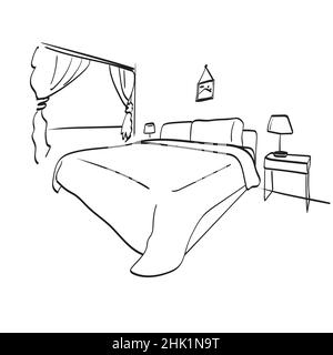Schlafzimmer mit Fenster Illustration Vektor von Hand gezeichnet isoliert auf weißem Hintergrund Linie Kunst Stock Vektor