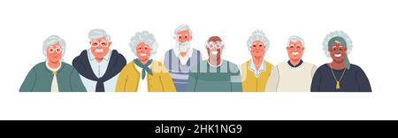 Gruppe von alten Menschen mit verschiedenen Nationalitäten.Vektor flache Illustration Stock Vektor