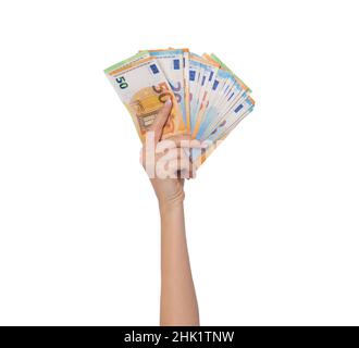 Frau Hand hält Euro-Geldscheine isoliert auf weißem Hintergrund. Stockfoto
