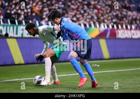 Saitama Stadium 2002, Saitama, Japan. 1st. Februar 2022. Shogo Taniguchi (JPN), 1. FEBRUAR 2022 - Fußball/Fußball: FIFA World Cup Qatar 2022 Asian Qualifier Final Round Gruppe B Spiel zwischen Japan 2-0 Saudi-Arabien im Saitama Stadium 2002, Saitama, Japan. Quelle: Naoki Morita/AFLO SPORT/Alamy Live News Stockfoto