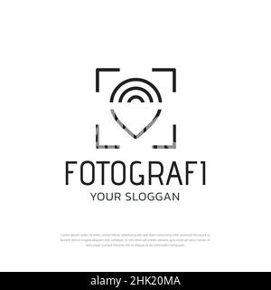 Foto Pin Kamera Stil einfache Linie Logo Design Vektor Illustration.Logo Symbol, Fotografie Stock Vektor