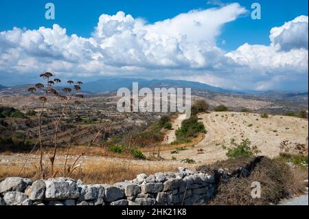 Luftaufnahme auf Troodos-Gebirge, fruchtbares Tal mit Weinbergen und Olivenhainen, Dörfern und weißen Straßen, Zypern Stockfoto