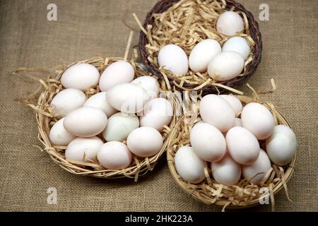 Rohe Bio-Whhite-Eier im Weidenkorb Stockfoto