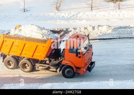 Ein großer orangefarbener LKW nimmt Schnee von der Straße. Reinigung und Reinigung der Straßen in der Stadt vom Schnee im Winter Stockfoto