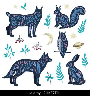 Set von mystischen Wildtieren im Doodle Boho skandinavischen Stil, Eule, Wolf und Kaninchen mit Sternen und Pflanzenelementen isoliert auf weißem Hintergrund. Stock Vektor