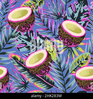 Nahtloses Muster mit modernen neon-tropischen Blättern und Kokosnüssen für Design und Textil. Stock Vektor