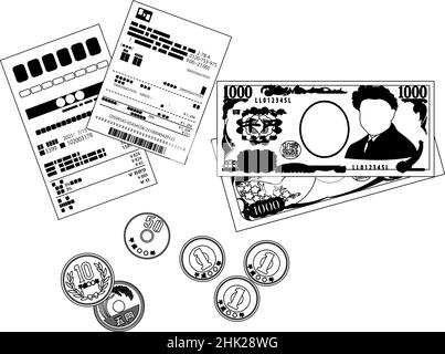 Dies ist eine Illustration der japanischen Yen-Scheine und japanischen Yen-Münzen und Einkaufsbeleg Stock Vektor