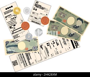 Dies ist eine Illustration der japanischen Yen-Scheine und japanischen Yen-Münzen und Einkaufsbeleg Stock Vektor