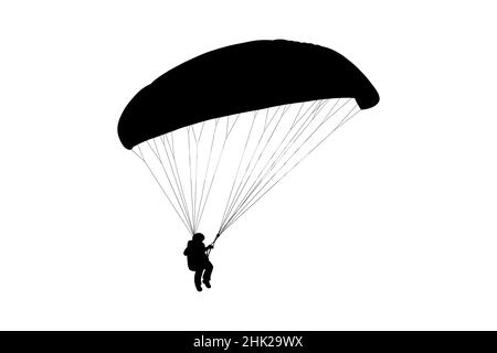 Paragliding Mann Silhouette. Gleitschirm- und Gurtzeug für Sky-Flüge. Monochrome Vektorgrafik isoliert auf weißem Hintergrund Stock Vektor