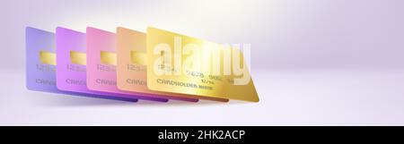Banner-Vorlage für Finanzen mit Plastikkarten und leerem Kopierraum. Vektor-Hintergrund mit realistischen 3D blanken goldenen, rosa und lila Bank Debit- oder Rabattkarten Stock Vektor