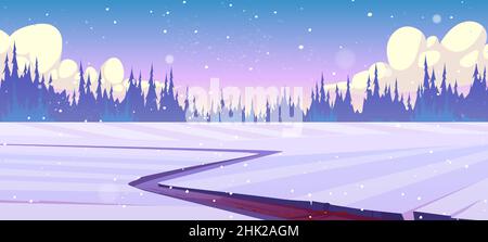 Ländliche Landschaft mit Feldern, Straßen und Nadelwäldern im Winter. Vektor-Cartoon-Illustration der Landschaft mit Pfad im Schnee und Bäume Silhouetten am Horizont Stock Vektor