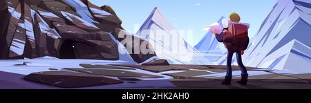 Tourist mit Rucksack und Karte stehen an felsigen schneebedeckten Landschaft auf der Suche nach Route. Reisender Mann verloren an Winterbergen, Reise Reise, Explorer extreme Wandern Abenteuer, Cartoon-Vektor-Illustration Stock Vektor