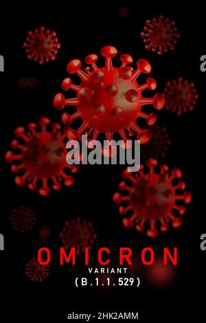 Omicron, eine Art Coronavirus. Omicron-Strain SARS-CoV-2. Vertikal. Stockfoto