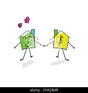 Vektor-Illustration eines niedlichen Hauses, das sich in den Besitzer des Geldes verliebt Stock Vektor